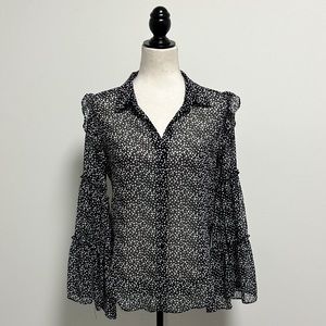 Misa Black White Polka Dot Sheer Button Up Bell Ruffle Sleeve Hi Lo Blouse XS